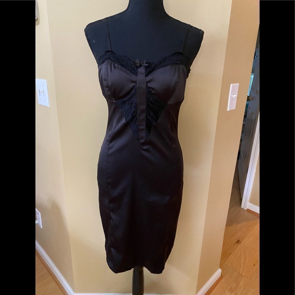 The Annex size XS black satin like bodycon with lace midi dress.